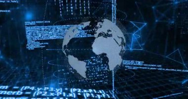 İkili kod ve programlama dili elementleriyle dijital dünyanın animasyonu. Teknoloji, sanal, veri, kodlama, ağ, fütüristik