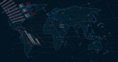 Veri noktaları ve kırmızı geometrik şekilli dijital haritanın animasyonu. Teknoloji, veri analizi, fütüristik, ağ, soyut, yenilik