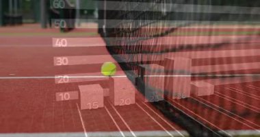 Veri tablosu animasyon sahnesi olan tenis topları sahada. spor, analitik, performans, teknoloji, istatistik, görselleştirme