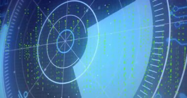 Dairesel ızgara, yeşil veri noktaları ve animasyon çizgileri olan radar ekranı gösteriliyor. saptama, tarama, teknoloji, izleme, navigasyon, arayüz