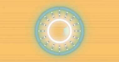 Yayılan oklar sarı arka plan animasyonunda parlayan dairesel desen oluşturuyor. Soyut, geometrik, simetri, fütüristik, aydınlık, dijital