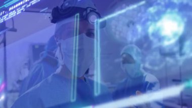 Dijital veri örtüşmesi analiz ediliyor, fütüristik ameliyathane animasyonundaki tıp uzmanları. Sağlık, yenilik, teknoloji, cerrahi, ileri düzey, analiz