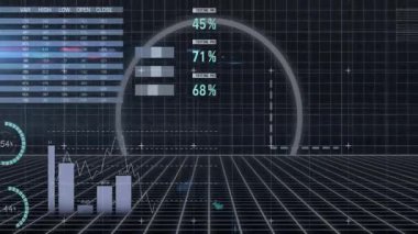 Dijital şebeke arka planındaki haritalar ve animasyonlarla küresel veriler analiz ediliyor. Veri analizi, analitik, teknoloji, görselleştirme, fütüristik, yenilik