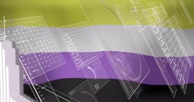 Finansal veriler ve şehir manzarası animasyon örtüşen ikili olmayan gurur bayrağı. LGBT, çeşitlilik, finans, kentsel, ekonomi, teknoloji