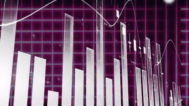 Artan çubuk grafiklerinin animasyonu ve dijital şebeke arkaplanı üzerindeki çizgi grafikleri. Büyüme, analitik, veri, finans, teknoloji, performans