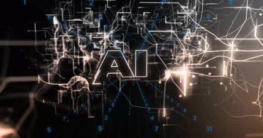 Parlak dijital çizgileri ve soyut tasarımı olan yapay zeka metninin animasyonu. Teknoloji, yapay zeka, gelecek, yenilik, veri, sanal