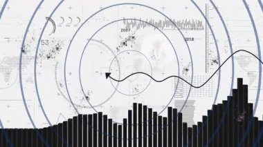 Animasyon kullanarak, çubuk grafikler ve dairesel kalıplarla soyut veri görselleştirmesi. İllüstrasyon, grafik, analitik, geometrik, bilgi, fütüristik