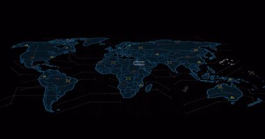 Siyah arkaplandaki veri noktalarıyla dijital dünya haritasının animasyonu gösteriliyor. Global, teknoloji, ağ, fütürist, bağlantı, siber