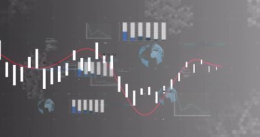 Gri arkaplanda dünya haritası animasyonu olan finansal veri grafikleri ve grafikleri. Finans, analitik, küresel, ekonomi, istatistik, görselleştirme