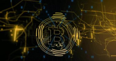 Fütürist tarzda dijital numaraları ve ağ bağlantıları olan Bitcoin sembolünün animasyonu. Kripto para birimi, engelleme zinciri, fintech, teknoloji, finans, sanal