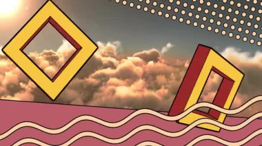 Geometrik şekiller ve dalgalı çizgiler gün batımında bulutların üzerinde canlanıyor. Soyut, renkli