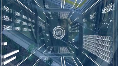 Okulda fütüristik tünel oluşturan dijital veri panelleri ve grafiklerin animasyonu. Teknoloji, veri görselleştirme, yenilik, siber, analitik, eğitim