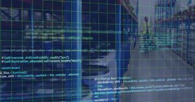 Lojistik teknolojisi için animasyon kullanan yüksek görüşlü bir depo çalışanı. güvenlik, yenilik, dijital, otomasyon