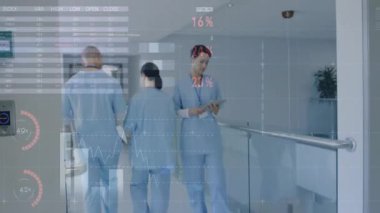 Tablet kullanarak, sağlık uzmanı küresel tıbbi verileri animasyonla analiz ediyor. technology, analytics, research, innovation, data analizi, digital