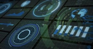 Okul ortamında dairesel grafiklerle gelecek dijital arayüzün animasyonu. Teknoloji, eğitim, yenilik, sınıf, etkileşimli, veri