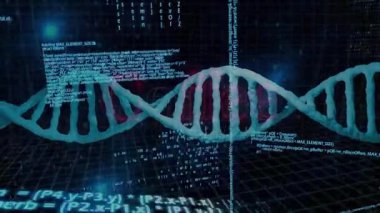 Animasyonda bilimsel veriler, DNA dizileri ve ikili kodlama işleniyor. Biyoteknoloji, genetik, yenilik, araştırma, biyoenformatik, dijital