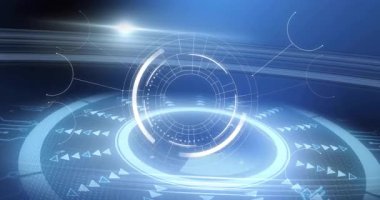 Fütürist dijital arayüz desenleri ile animasyonda parlayan mavi ışık efektleri. Teknoloji, yüksek teknoloji, sanal