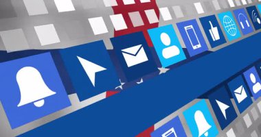 Akıllı telefon gibi dijital simgelerin animasyonu, mavi karelerdeki başparmaklar ve dünya. Teknoloji, multimedya, ağ, iletişim, bağlantı, çevrimiçi