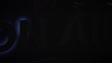 Mavi neon etkisi koyu arkaplanda parlayan bir metin oluşturur. Yayın, medya, aydınlatma, teknoloji, elektrik, işaret