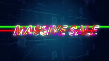 Dijital arkaplanda indirimli satışlar için neon animasyon metni. promosyon, teklif, alışveriş, ecommerce, reklam, perakende