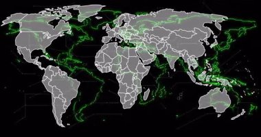 Yeşil dijital ağ çizgileri ve altıgen desenli dünya haritasının animasyonu. Küresel, bağlantı, teknoloji, yenilik, fütürist, siber uzay