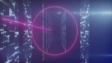Fütürist sanal uzayda neon geometrik şekiller ve dijital kod animasyonları. siber, teknoloji, siber punk, yapay zeka, yenilik