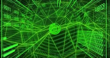 Sayılar ve geometrik şablonlar ile canlı yeşil dijital ızgaranın animasyonu. Gelecek, teknoloji, veri, bağlantı, sanal, siber