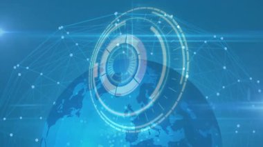 Mavi arka planlı dijital ağ ve veri işleme animasyonu. Teknoloji, iletişim, küresel, geleceksel, yenilik, bağlantı