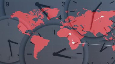 Animasyon tarzında farklı zaman dilimlerini gösteren saat yüzlü dünya haritası. konsept, saat, küresel, illüstrasyon, uluslararası, modern