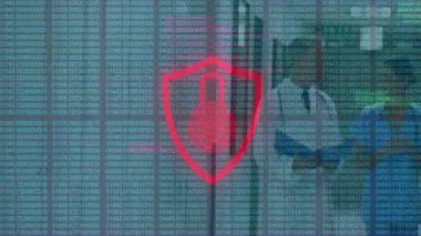 Sayısal veri ve parmak izi geçmişi üzerinde dijital güvenlik kilidi animasyonu. Siber güvenlik, şifreleme, biyometrik, kimlik doğrulama, teknoloji, gizlilik