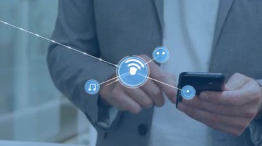 Akıllı telefon kullanarak, dijital müzik ve bağlantı animasyonuyla etkileşime geçen biri. Teknoloji, etkileşim, multimedya