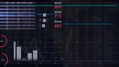 Gösterge panelinde küresel harita, pasta grafikleri ve finansal grafikler gösteriliyor. Veri, analitik, finans, ekonomi, teknoloji, istatistik