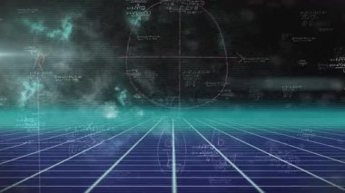 Matematiksel denklemlerin ve grafiklerin animasyonuyla gelecekçi kozmik arkaplan. Soyut, bilim, matematik, dijital, holografik, boşluk