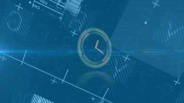 Saat yüzü ve veri tabloları dijital mavi arkaplan üzerinde canlandırma yapar. Teknoloji, fütüristik, analitik, arayüz, görselleştirme, yenilik