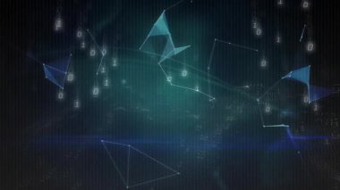 Şehir manzarasını kaplayan ikili kodlu dijital dünyanın animasyonu, küresel ağı gösteriyor. Teknoloji, fütürizm, bağlantı, veri, iletişim, siber uzay