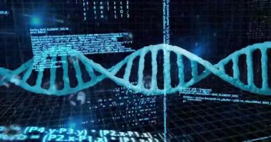 DNA ipliği ve ikili kodlama elementleriyle bilimsel veri işleme animasyonu. Biyoteknoloji, genetik, biyoenformatik, araştırma, analiz, dijital