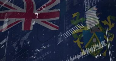 İngiliz bayrağı ve arması finansal verilerin ve grafiklerin üzerinde. Ekonomi, finans, analitik, ekonomi, piyasa, Birleşik Krallık