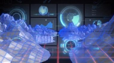 Holografik dağların animasyonu ve gelecekteki dijital manzarada veri görselleştirmesi. hologram, teknoloji, yenilik, sanal, sürükleyici, soyut
