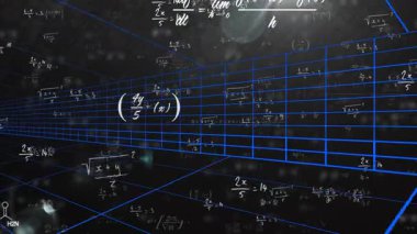 Koyu arkaplanda mavi ızgara çizgileri olan matematiksel denklemlerin animasyonu. Matematik, geometri, cebir, dijital, sanal, bilimsel