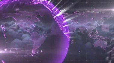 Dünya haritasının arka planında parlak çizgileri olan mor dijital kürenin animasyonu. Teknoloji, bağlantı, ağ, gelecek, sanal, mavi