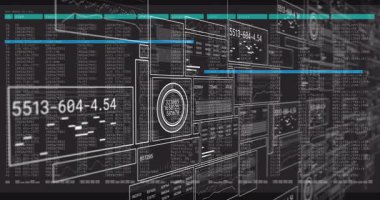 Arayüzdeki sayı ve grafiklerle dijital veri işlemenin animasyonu. Teknoloji, analitik, büyük veri, fütüristik, siber güvenlik, yenilik