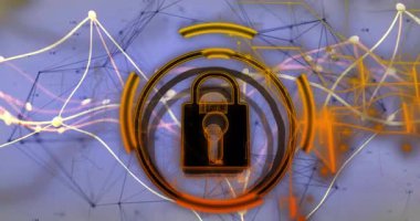 Dijital ağ üzerinden kilit sembollü mikrofon ve veri bağlantıları animasyonu. Güvenlik, şifreleme, gizlilik, siber güvenlik, veri koruması, güvenli bağlantı