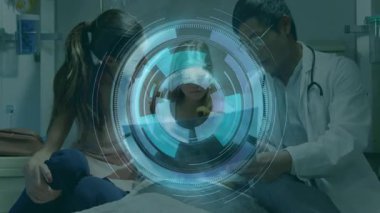 Hastanede, fütüristik animasyon kaplamalı hasta ve aileye danışmanlık yapan bir doktor var. Sağlık, danışma, teknoloji, yenilik, tıbbi, dijital