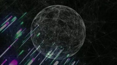 Birbirine bağlı çizgileri ve yeşil ışık çizgileri olan dijital kürenin animasyonu. Küreselleşme, bağlantı, teknoloji, ağ, fütürist, siber uzay
