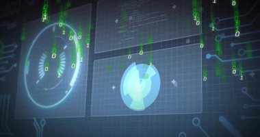 İkili kod ve dijital arayüzün fütüristik teknoloji arka planı üzerine animasyonu. Siber güvenlik, veri, kodlama, sanal, siber, bilgi