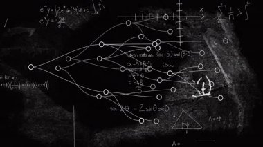 Okulda, öğretmen tahtaya karmaşık matematiksel denklemler ve diyagramlar çiziyor. Eğitim, matematik, öğretim, akademik, eğitmen, BTMM