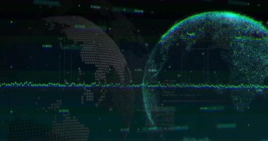 Fütürist temalı veri işleme animasyonlu dijital küre ve DNA ipliği. teknoloji, yenilik, veri analizi, sanal, bilim, biyoteknoloji