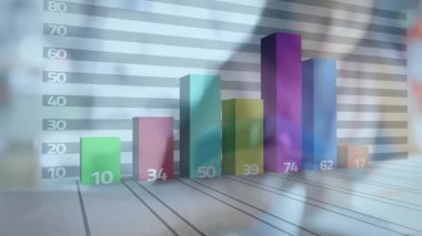 Mağazadaki ödeme terminalini kullanan insanlar üzerinde renkli çizelge animasyonu. Finans, işlem, perakende, teknoloji, analitik, yenilik