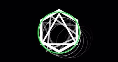 Geometrik şekillerin ve dairelerin animasyonu siyah arkaplanda soyut desenler oluşturuyor. design, digital, modern, graphic, simetri