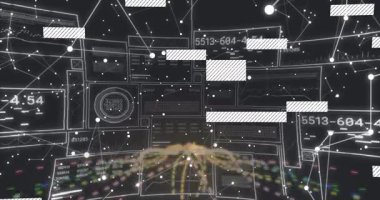 Ağ arkaplanı üzerinden veri grafikleriyle dijital arayüzün animasyonu. Teknoloji, yenilik, analitik, sanal, fütüristik, bağlantı